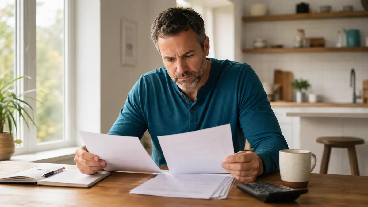 A homeowner comparing two contractor bids at a kitchen table before deciding whether to have an estimate reviewed.